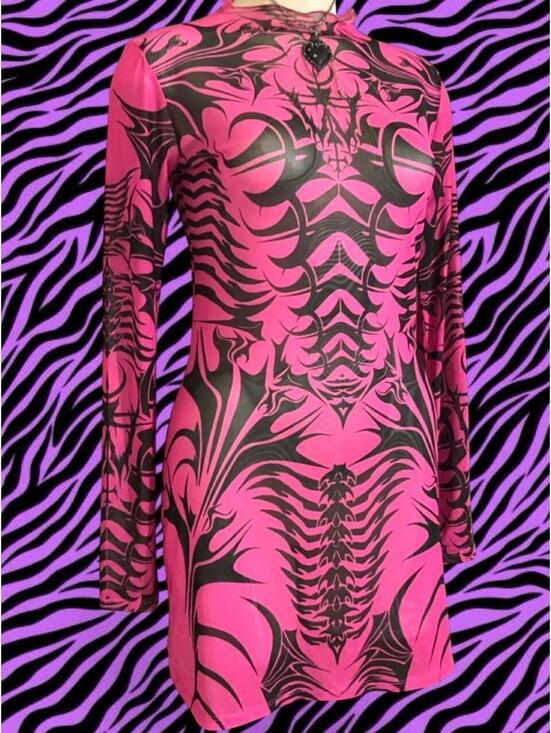 Dolls Kill Dresses & Skirts - SICKK Widow black/pink mesh tattoo dress with black/pink tribal-sty